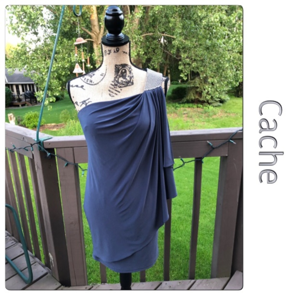 Cache One Shoulder Gray Dress with Rhinestones